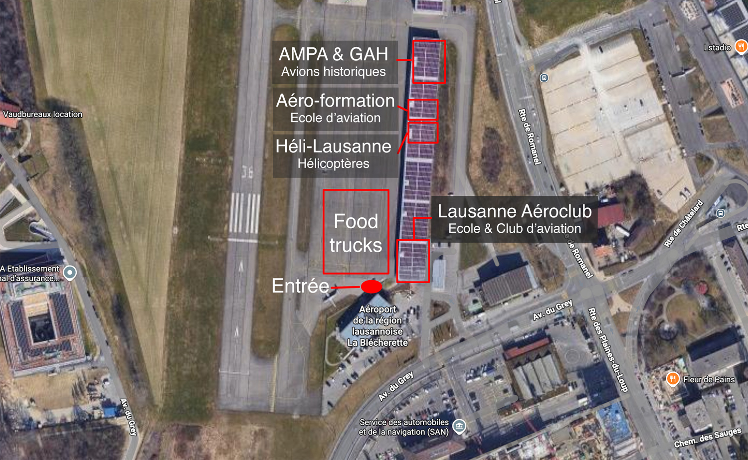 Plan de la manifestation indiquant l'entrée, les food trucks et les emplacements des clubs